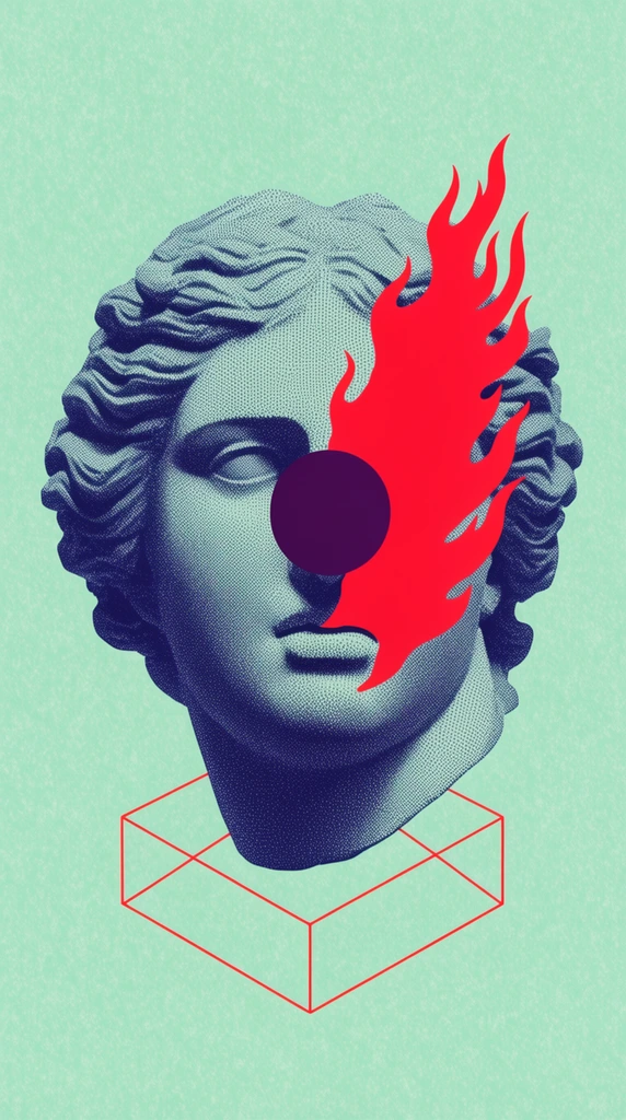 A classical bust rendered in dark blue halftone stippling against a textured mint green background. Flat red flames engulf the right half of the face, and a solid dark purple circle sits on the nose. The statue rests on a minimalist red wireframe isometric cube.