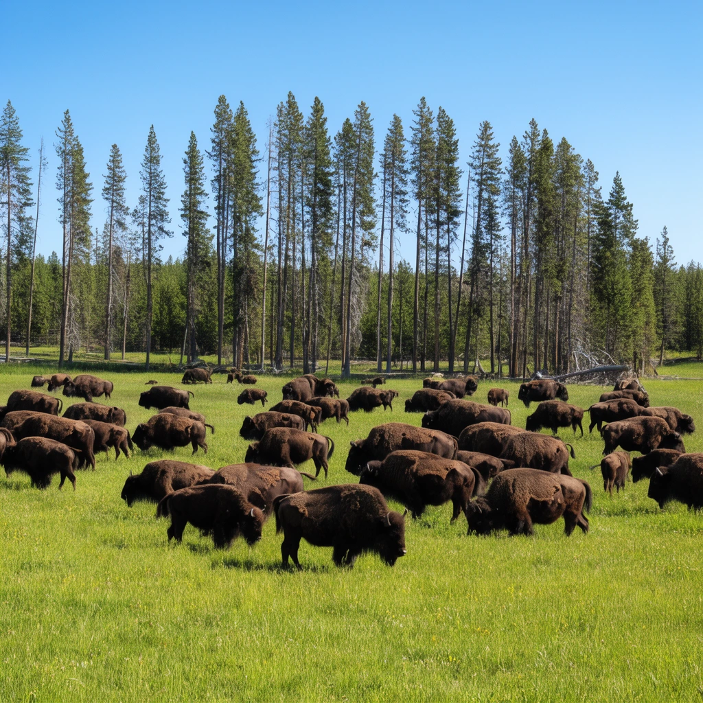 large herd of dark brown bison grazing in a sunlit green meadow, tall slender evergreen trees in the background, clear blue sky, bright daytime lighting, wide-angle nature photography