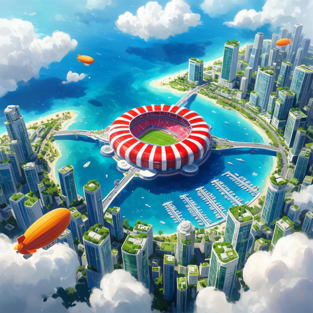 Aerial digital illustration of a futuristic coastal metropolis. A massive red-and-white stadium floats in a central bay, connected by bridges to shores lined with green-roofed skyscrapers. A yacht-filled marina, orange blimps, and fluffy white clouds frame the bright, sunlit ocean scene.
