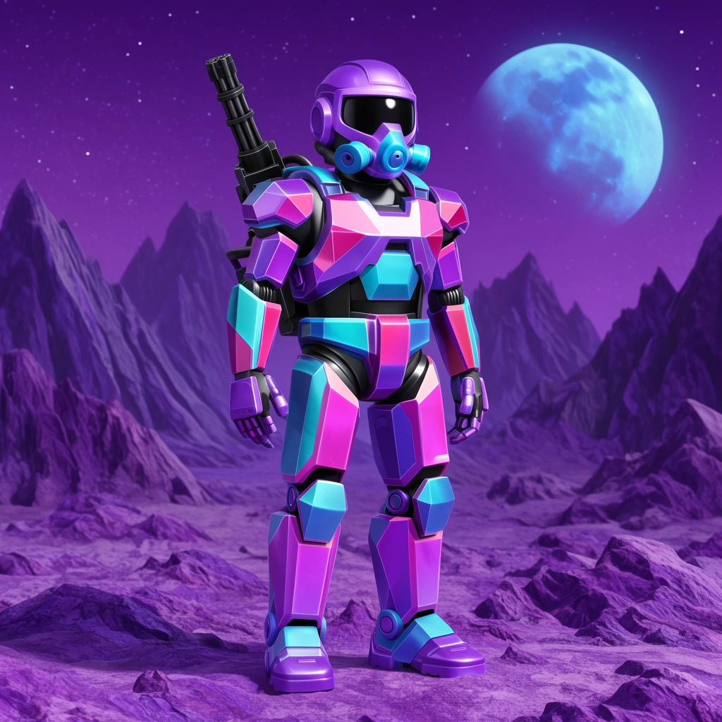 stylized 3D mecha robot on an alien planet, purple helmet with dark visor and blue respirator, geometric pink and cyan metallic armor, black minigun on back, purple rocky terrain, jagged mountains, starry purple sky, large blue moon, synthwave color palette, glossy textures, full body shot