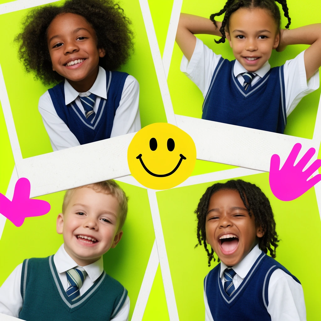 polaroid photo collage of diverse children in school uniforms, playful poses, bright neon green background, yellow smiley face and pink hand stickers, vibrant scrapbook aesthetic