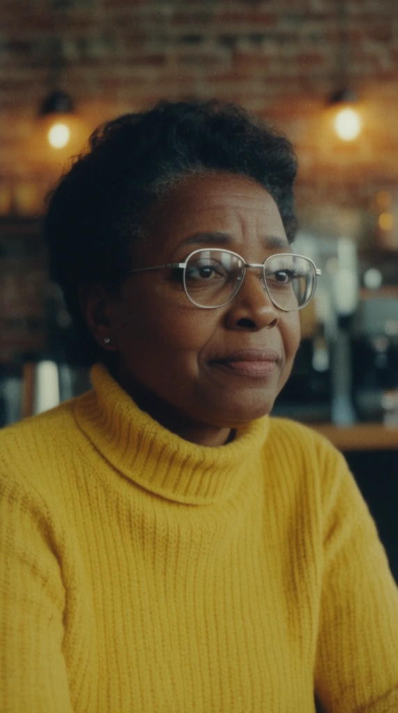 A close-up 35mm vintage film portrait of a contemplative middle-aged Black woman in a warmly lit urban cafe. She wears silver wire-rimmed reading glasses and a thick yellow turtleneck sweater, gazing thoughtfully off-camera with a gentle, melancholic expression. The soft-focus background features blurred warm ambient lights against an exposed brick wall. The composition carries a nostalgic 1980s documentary aesthetic with noticeable film grain, soft edges, and rich cinematic lighting.