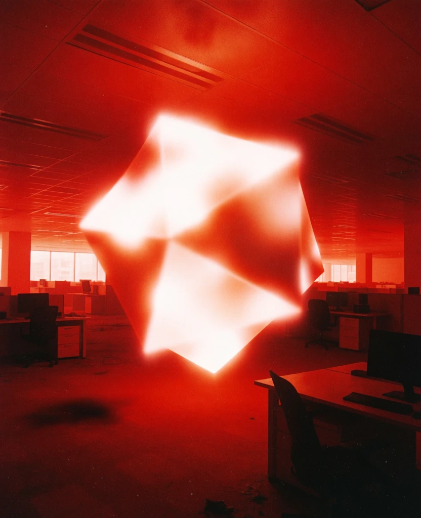 an abstract geometric polyhedral sculpture centered within a desolate corporate office interior, entire frame saturated in an oppressive monochromatic deep crimson and blood-red palette, the sculpture itself transformed into a core of blinding overexposed white luminescence with intense bloom and soft-focus diffusion, heavy analog film grain, crushed shadows, ethereal light leaks, a haunting liminal space atmosphere, low-fidelity 35mm expired film texture, silhouettes of desks and chairs.