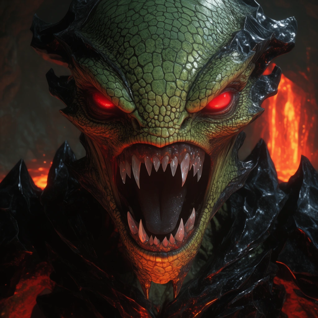 A massive alien with glowing red eyes and sickly green reptilian scales glares menacingly. Jagged obsidian armor frames a wide maw of crystalline fangs. The tight close-up is dramatically lit by glowing magma in a dark subterranean cavern.