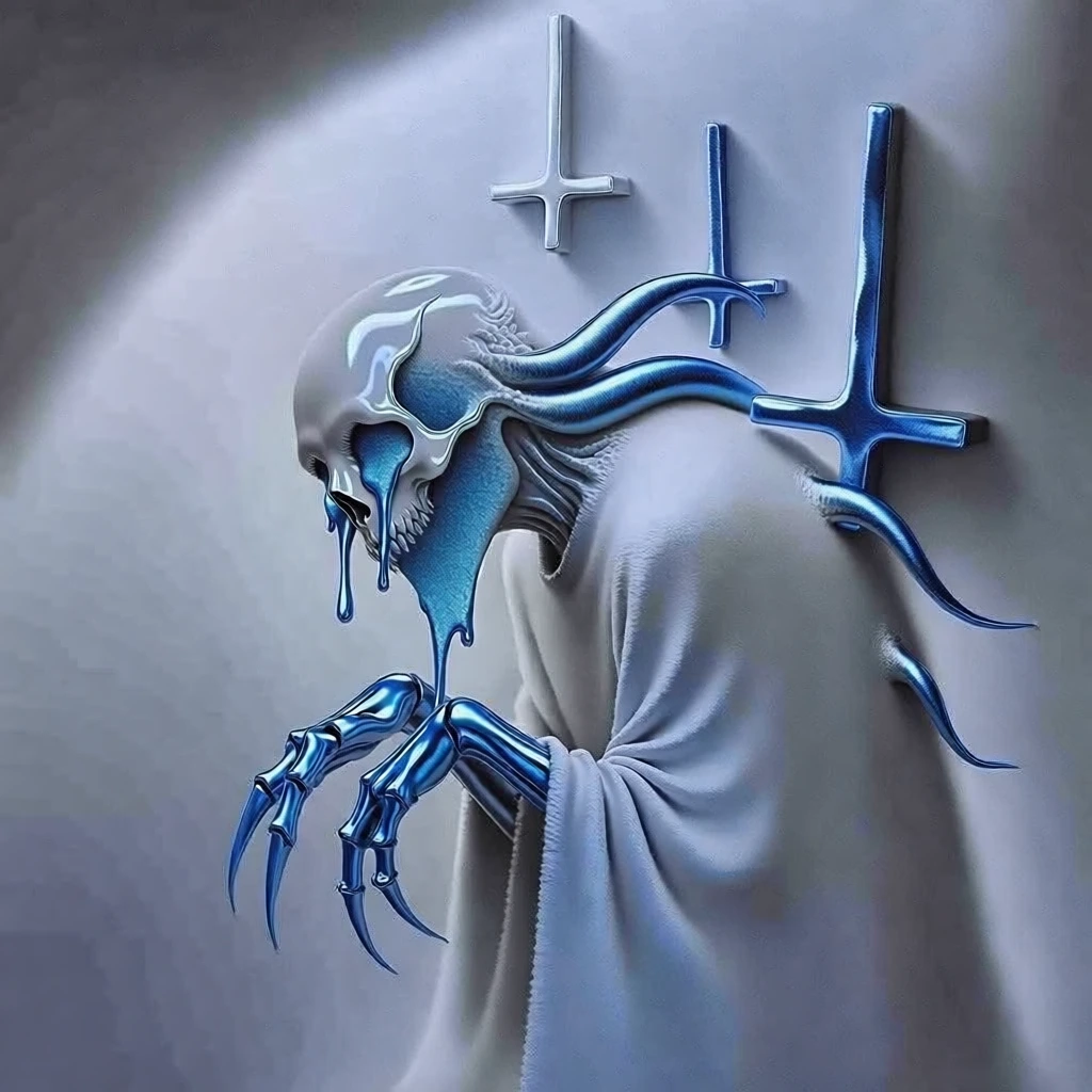 hyper-smooth 3d cgi render, monochromatic cool-toned blue-grey palette, matte-satin poreless surface finish, hunched monster with a polished bone-white skull face, elongated articulated claws, sleek dorsal tentacles, surrounded by minimalist upside-down crosses, high-viscosity electric blue metallic liquid oozing from eyes and mouth, soft-focus clinical overhead lighting, subtle ambient occlusion, needle-thin geometric textures, clean minimalist composition.