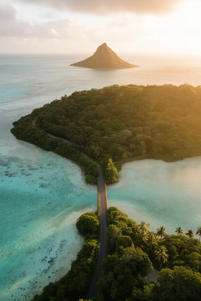 aerial view of a lush coastal peninsula, paved road crossing a shallow turquoise lagoon, dense green forest, distant wedge-shaped island, glowing golden hour haze, cinematic drone photography