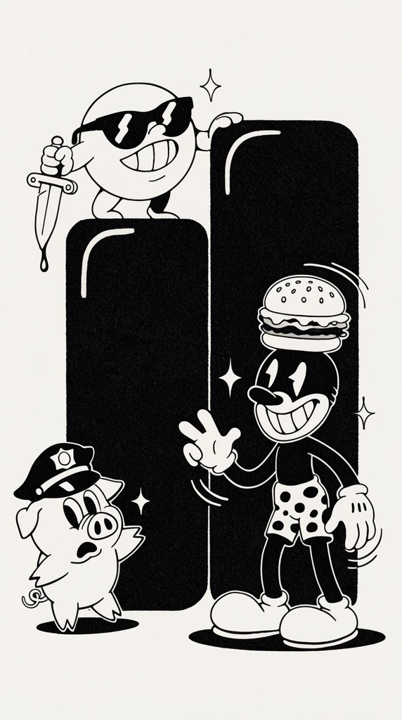 A monochromatic vintage rubber-hose illustration blends 1930s animation with edgy street culture, featuring mischievous characters interacting with imposing, solid black structural forms. A round figure in sunglasses wields a dripping dagger, a startled pig wears a police hat, and a slender, masked vandal in spotted shorts balances a hamburger on its head. Crisp black ink outlines, bold fills, scattered sparkles, motion lines, and a heavy stipple grain texture dynamically detail the off-white space.