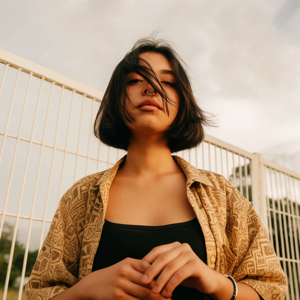 Low-angle outdoor portrait of a young woman with a septum piercing and short dark hair blowing across her face. She wears an open tan patterned shirt over a black top, with hands loosely clasped. A white metal fence, distant trees, and an overcast sky fill the warmly lit background.