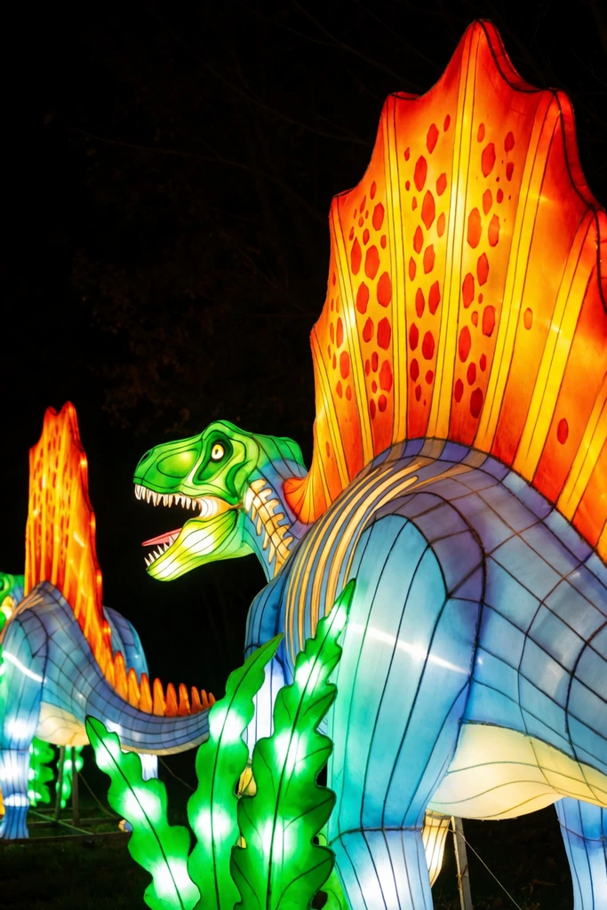 Two glowing dinosaur lanterns illuminate a pitch-black nighttime setting. The prominent foreground sculpture features a neon green head with an open, jagged jaw attached to a light blue body segmented by dark wireframe lines. A towering, fan-like dorsal sail blazes with fiery orange and yellow hues, detailed with honeycomb spots. The translucent fabric glows brilliantly from internal lights, revealing the intricate skeleton beneath. Bright green illuminated fern structures partially obscure the creature's base. A second similar dinosaur lantern stands further back on the left. The stark contrast between the intensely saturated luminous colors and the dark background emphasizes the dramatic low-angle perspective of the vibrant nighttime display.