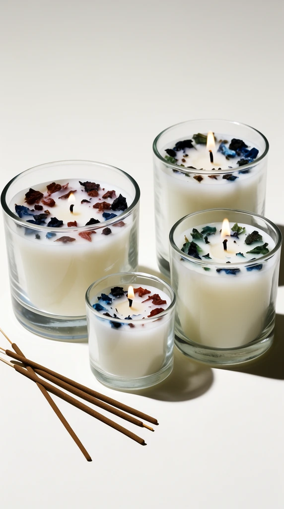 Four varying-sized cylindrical glass jar candles and three rustic brown incense sticks rest on a seamless off-white backdrop in a minimalist still life. The clear glass vessels contain solid white wax, their top surfaces embedded with irregular, dark-colored botanical chunks in reddish-brown, deep blue, and green. Tiny, warm flames flicker on the wicks of two candles. The loose incense sticks lie diagonally in the lower left foreground. Stark studio lighting from the upper left casts crisp, dark shadows towards the lower right, highlighting the thick transparent rims of the glassware and creating a clean, modern aesthetic.