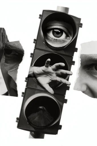 Monochrome Surrealist Collage style reference image — torn paper edges