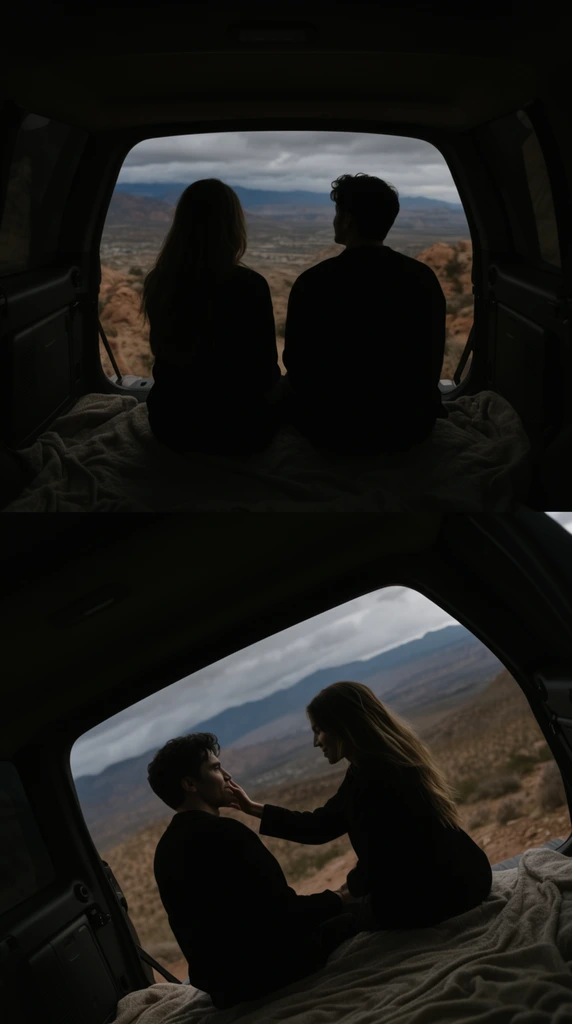 A cinematic diptych capturing a couple in the dark, open trunk of a vehicle overlooking a sprawling desert valley. The top frame shows heavily silhouetted figures of a woman and man sitting on a blanketed surface, gazing out at distant mountains under a cloudy sky. The bottom frame uses a tilted Dutch angle, showing the couple facing one another as the woman touches the man's face. The vehicle interior forms a natural dark border around the subjects, emphasizing moody, low-key lighting and soft photographic contrast.