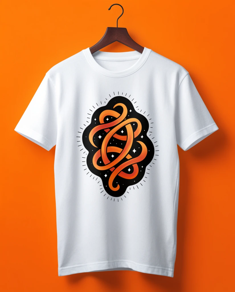 A crisp white short-sleeved crew-neck t-shirt hangs from a dark brown wooden hanger against a seamless, vibrant orange backdrop. The chest displays a prominent graphic illustration featuring swirling, interlocking ribbon-like shapes in a warm orange gradient, set within a thick black bubbly silhouette. Small white four-point stars speckle the dark fill, while the outer perimeter is accented with tiny radiating lines. Soft studio lighting casts gentle shadows across the folds of the cotton fabric, creating a clean, high-contrast commercial presentation.
