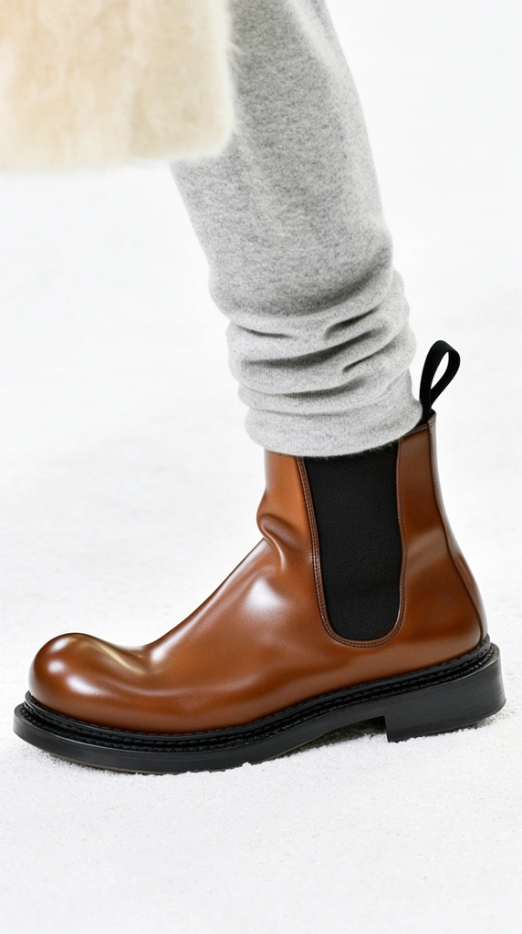 A profile view of a smooth brown leather Chelsea boot captured in mid-step on a textured white floor. The boot features a prominent bulbous toe box, a black elastic side gusset, a rear fabric pull tab, and a thick black rubber sole with welt stitching and a low heel. Polished leather reflects a curved highlight across the vamp and slight creasing near the ankle. Light heather-grey knit sweatpants gather in soft horizontal folds above the collar. A blurred cream-colored fuzzy garment edge hangs in the upper left foreground. High-key fashion photography lighting emphasizes the warm leather tones and crisp material contrasts within the stark minimalist environment.