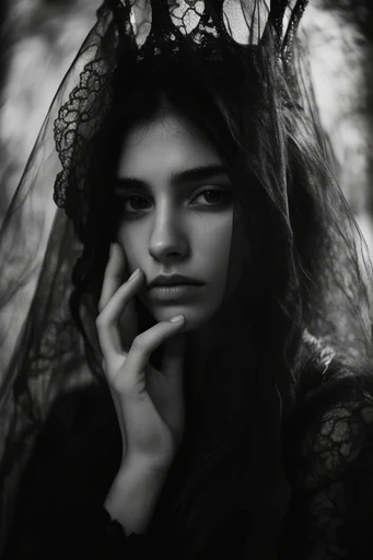 Ethereal Gothic Noir style reference image — intricate lace veiling