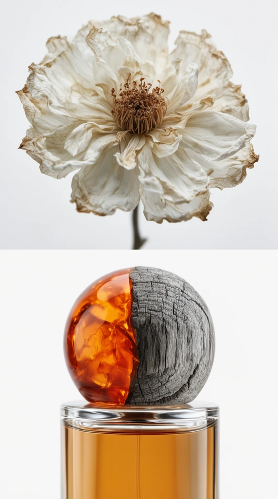 split layout, macro photography of a withered white flower with delicate brown center, adjacent cylindrical glass perfume bottle filled with amber liquid, distinctive spherical cap split between translucent orange resin and rough grey wood, minimalist white background, soft studio lighting, luxury aesthetic