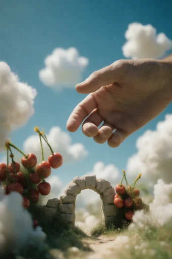 Surreal Pastoral Technicolor style reference image — bright blue sky