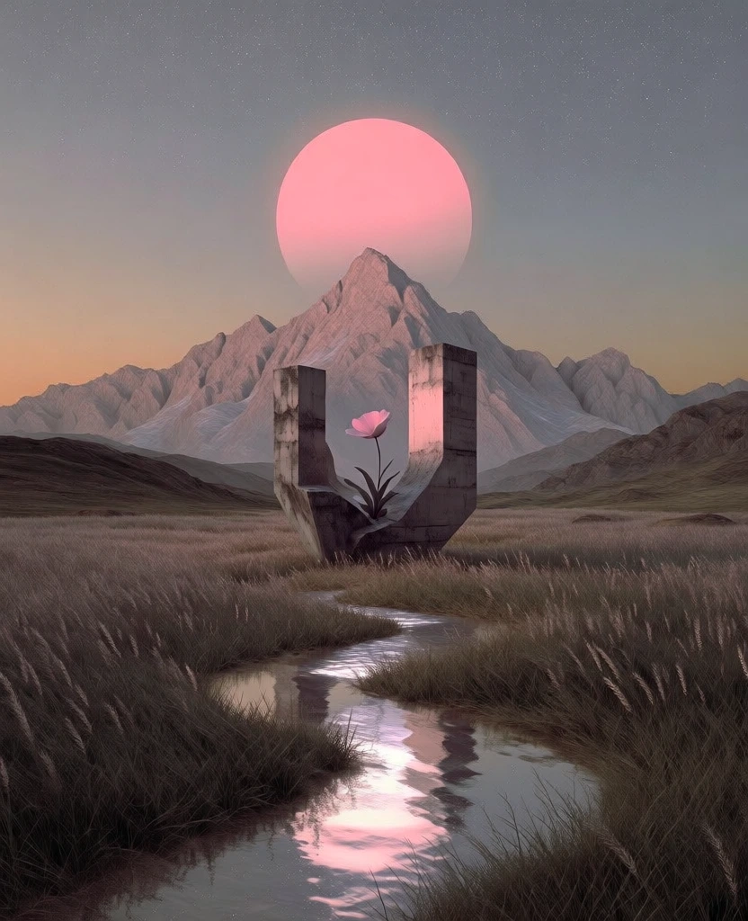 minimalist surrealist digital art, centered brutalist concrete sculpture with a single delicate flower growing from its core, winding reflective stream through a field of tall grass, majestic mountain range background, large glowing pink sun centered above the peak, soft twilight palette of muted purples and peach, ethereal diffused lighting, starry gradient sky, crisp textures, symmetrical composition, serene and otherworldly atmosphere.