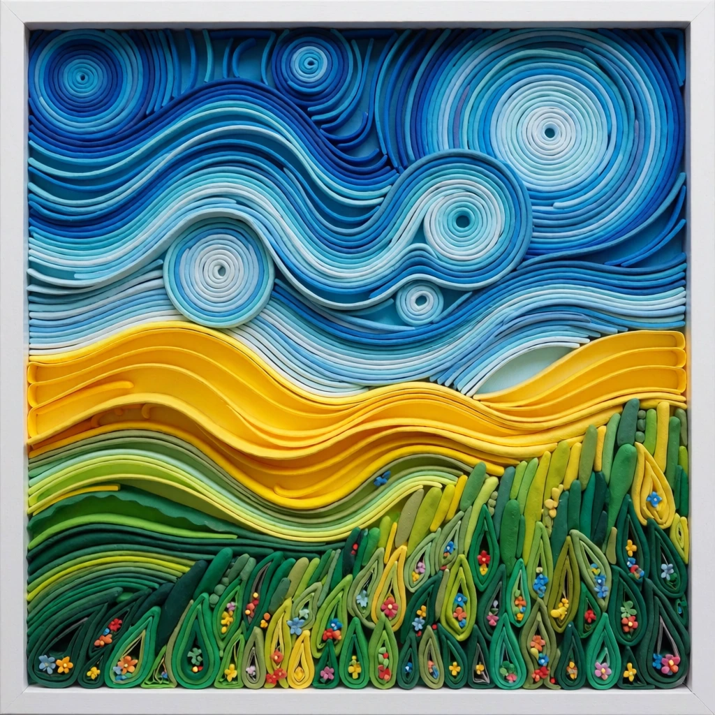 framed 3D tactile landscape artwork crafted from tightly coiled sculptural strips, dynamic sky of swirling concentric circles and undulating wavy lines in vibrant blues, middle field formed by flowing horizontal ribbons of bright yellow, foreground of dense vertical teardrop shapes in layered greens dotted with tiny colorful floral specks, high relief polymer clay or paper quilling texture, pronounced shadows highlighting sculptural depth, vivid color blocking, flat white frame border