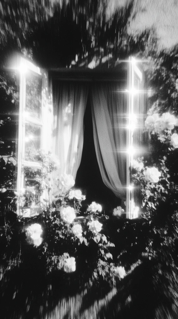 An open window with two shutters and billowing curtains, enveloped by dense, overgrown plants and blooming flowers, captured in an extreme high-contrast, black-and-white photographic style. The composition is defined by stark chiaroscuro, utilizing deep, inky, crushed black shadows that reduce the surrounding foliage into abstract, jagged silhouettes against the intensely blown-out white highlights of the light pouring through the open frame. Radiant, glowing horizontal starburst lens flares emanate fiercely from the brightest specular edges of the shutters, the folds of the curtains, and the prominent floral petals. The entire scene is deeply textured with coarse film grain, high noise, and significant motion blur, resulting in soft, ethereal edges and distinct vertical streaking throughout the image. This heavy, intentional camera distortion dissolves the physical boundaries between the textured plants, the soft fabric of the curtains, and the glaring, overexposed light, establishing a raw, lo-fi, and highly experimental visual aesthetic.
