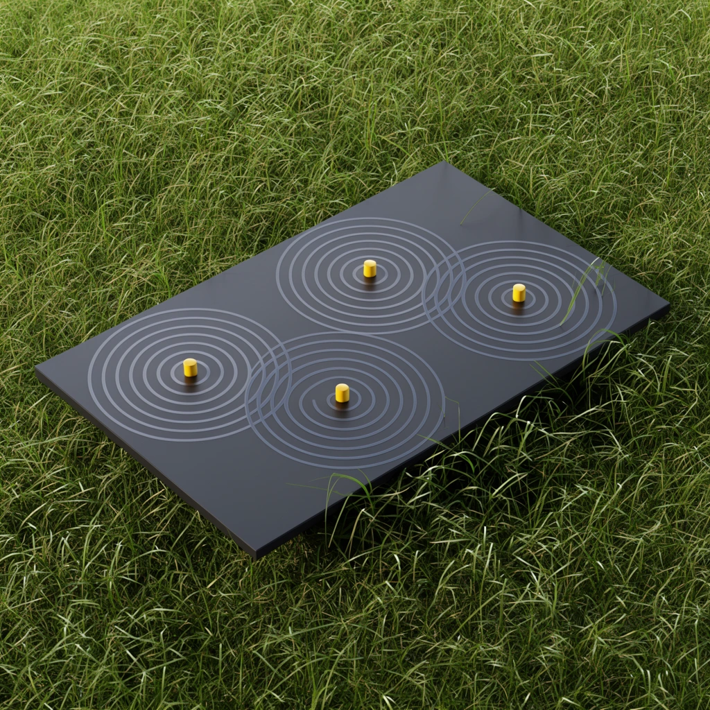 A flat, dark grey rectangular slab rests on a bed of dense green grass. The smooth surface features an intricate geometric pattern of thin, light grey concentric circles resembling intersecting water ripples. Small, raised yellow cylindrical pegs sit precisely at the center points of these circular formations. Captured from a high-angle isometric perspective, the composition contrasts the sleek manufactured object with the organic, tangled blades of grass. Several thin blades casually overlap the dark surface. Soft daylight casts subtle shadows beneath the slab, enhancing the photorealistic rendering style and the vibrant, earthy color palette.