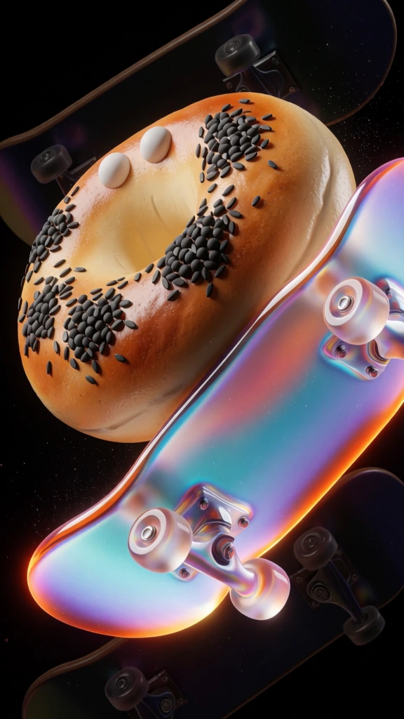 high-resolution 3d cgi, anthropomorphic sesame seed bagel character riding a skateboard, amorphous blob-like forms composed of translucent iridescent fluid with subsurface scattering in cyan and lavender, sesame seeds as clusters of matte black spheres, sleek organic skateboard with glowing orange rim lighting, fine sparkling dust particles floating inside, dramatic macro composition against a deep black background, fluid abstract realism, soft-touch matte finish