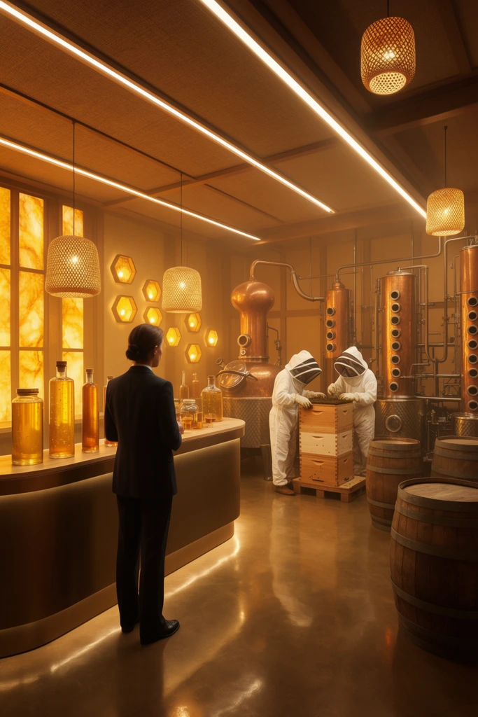 A warmly lit, amber-hued facility combines a sophisticated tasting counter with an active indoor apiary and distillation room. A figure in a dark tailored suit stands facing the workspace, observing two workers in full white protective beekeeping suits inspecting stacked wooden hive boxes. Beside the suited figure, a sleek curved counter displays tall glass bottles and jars filled with glowing golden liquids. The expansive interior features large copper distillation vats, wooden barrels, and intricate industrial machinery. Illumination radiates from linear ceiling tubes, woven basket pendant lamps, and glowing hexagonal wall sconces. Backlit amber panels cast a rich, cinematic golden haze over the glossy reflective floor, emphasizing a detailed, photorealistic concept art aesthetic.