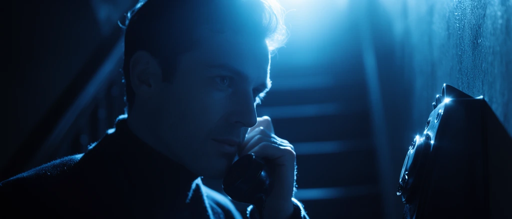 A man holds a telephone receiver against a wall, with a shadowy staircase in the blurred background. His face and hand are in sharp focus, illuminated by an intense, glowing light source. The visual style features deep cinematic chiaroscuro rendered in a monochromatic palette of dark navy and vibrant cyan. Bright rim lighting outlines the subject's silhouette against pitch-black shadows. The framing utilizes a shallow depth of field and striking specular highlights to create a moody, ethereal atmosphere.