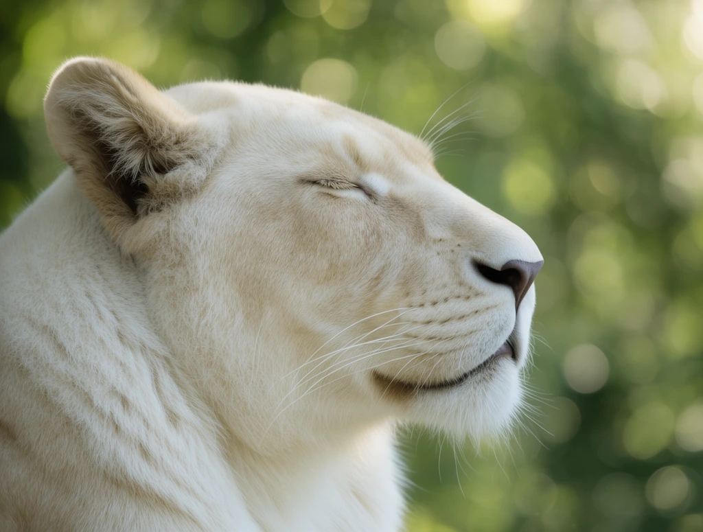 Close-up profile portrait of a white lioness facing right with closed eyes. Her pale creamy fur, delicate white whiskers, and dark nose are in sharp focus. The softly blurred, dappled green background features circular bokeh, illuminated by gentle natural lighting.