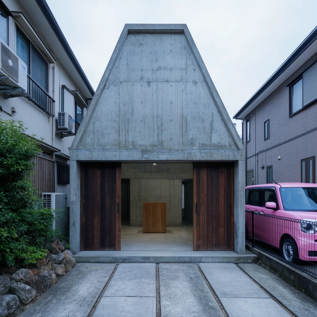 brutalist concrete building with a truncated pyramidal A-frame facade, partially open dark wood sliding doors, minimalist concrete interior with a wooden podium, sandwiched between standard residential apartments, air conditioning units and rocky green foliage on the left, bright pink boxy compact car parked behind a black metal fence on the right, segmented concrete driveway, frontal architectural photography, diffused overcast lighting, cool color palette with warm wood accents