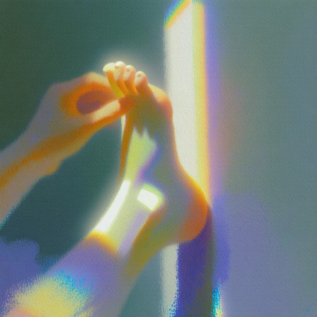 grainy stippled digital painting style, low-angle view of a hand pulling the toes of a foot raised vertically against a flat wall, minimalist centered composition, ethereal impressionistic aesthetic, soft-focus airbrushed texture, central vertical beam of brilliant white light causing prismatic rainbow refraction across the skin, iridescent pastel hues of lavender and mint green, high-key glowing highlights, dark teal grainy background, dreamlike atmospheric lighting, film grain, pointillism.