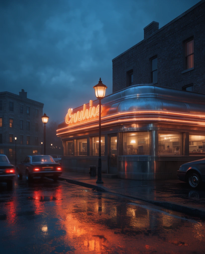 retro metallic diner at twilight, glowing orange neon signage, deep blue sky, wet asphalt reflecting warm lights, cars driving with red taillights, vintage streetlamps, brick buildings, moody cinematic lighting, photorealistic digital painting