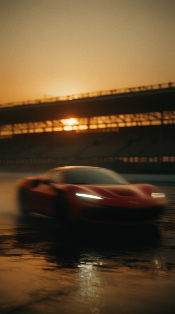 A heavy motion blur obscures a red sports car speeding across a wet, reflective surface at golden hour. Piercing LED headlights streak across the waterlogged ground. A massive, silhouetted grandstand spans the background horizon, with the warm sun glowing brightly through its structural gaps. The cinematic, low-angle shot is characterized by shallow depth of field, prominent film grain, and a moody, atmospheric amber color palette.