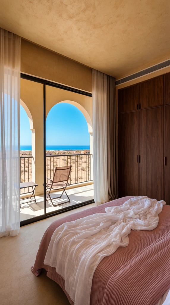 A sunlit bedroom featuring textured warm beige walls and a bed draped with a dusty pink ribbed bedspread and a crumpled white throw. Floor-to-ceiling dark wood wardrobes stand to the right. Expansive glass sliding doors, crowned by twin architectural arches and flanked by sheer white curtains, open to a sun-drenched balcony. A solitary folding mesh chair and small table sit behind a black metal railing. The exterior view stretches across an arid desert landscape with sparse scrub and scattered buildings, culminating in a bright blue ocean under a clear sky. Wide-angle architectural photography captures the deep depth of field and the striking contrast between the warm earthy interior and the vibrant horizon.