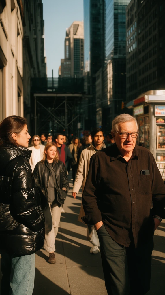 candid street photography of pedestrians walking along a sunlit city sidewalk, older man in a dark brown button-down shirt and glasses walking in bright sunlight on the right with a phone in his pocket, woman in a glossy black puffer jacket seen in profile on the left, diverse crowd of people walking in the background, urban environment flanked by towering glass and stone skyscrapers, scaffolding structure in the distance, street kiosk on the right, golden hour lighting, deep long shadows, high contrast illumination, warm color palette, cinematic candid capture, shallow depth of field