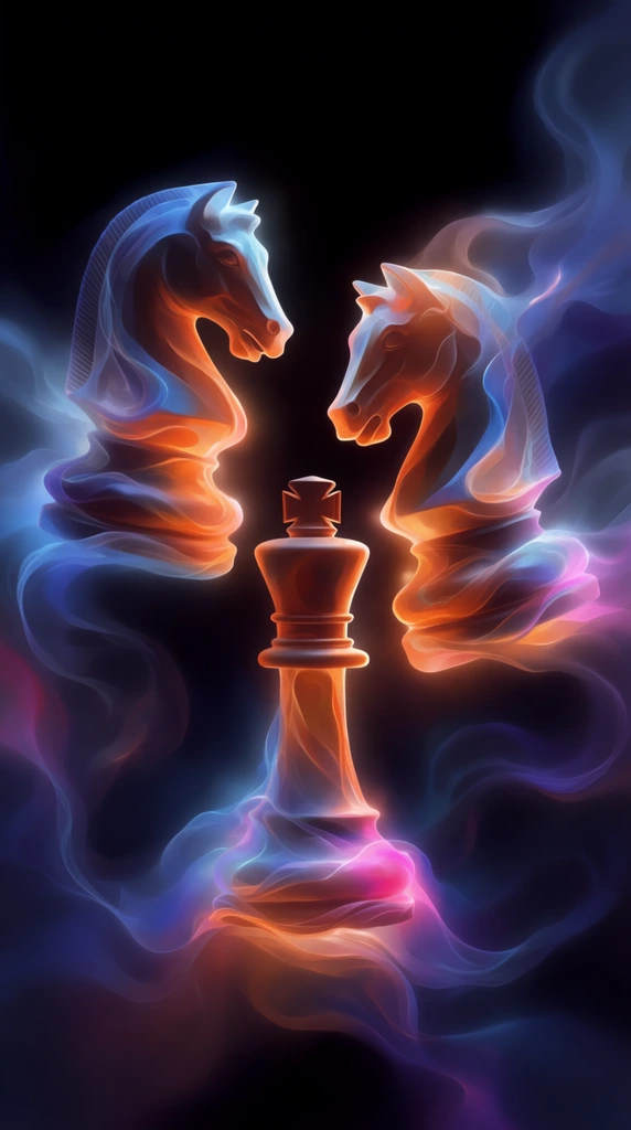 Two knight chess pieces facing each other suspended directly above a central king piece, all materialized from fluid, swirling ribbons and ethereal, smoke-like vapor. The majestic equine profiles of the knights and the intricately detailed crown of the king piece seamlessly dissolve into weightless, billowing tendrils that curl outward into a deep, pitch-black void background. Intense, glowing illumination bathes these translucent forms in a dramatic, high-contrast color palette. Vibrant, fiery orange and warm copper light radiates from the inner depths and lower contours of the suspended pieces, while bioluminescent icy blues, deep indigos, and vibrant magenta pinks trace the outer undulating edges with crisp rim lighting. A soft, luminous haze surrounds the interlocking wisps of the chess pieces, rendered in a highly polished digital painting style with smooth, airbrushed textures, frictionless color gradients, and a surreal, dreamlike atmosphere.