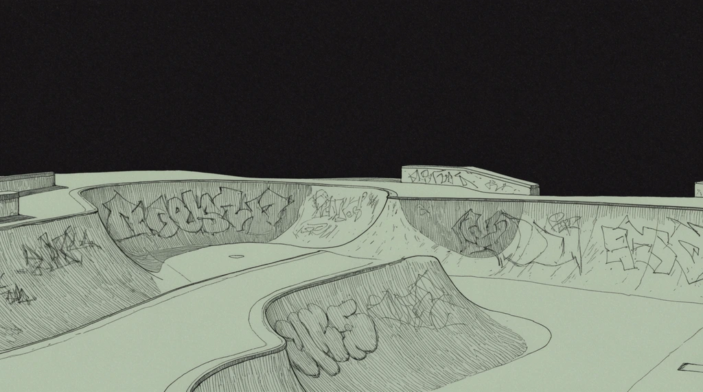 An empty concrete skatepark featuring curved bowls, angled ramps, and surface graffiti, rendered as a minimalist fine-liner illustration against a stark, solid pitch-black background. The architectural forms of the skatepark are filled with a flat, desaturated pale sage green, contrasting sharply with the surrounding deep black expanse. Delicate, hand-drawn black ink outlines define the edges, coping, and structural transitions of the skatepark. Shading and depth within the bowls and along the ramp inclines are articulated exclusively through precise, textured black hatching and cross-hatching. The graffiti on the concrete surfaces consists of sketchy, rough-hewn black line-art, integrating seamlessly into the restricted duotone palette. A subtle, uniform layer of static grain blankets the entire composition, giving the flat color fills and jagged linework the tactile, lo-fi aesthetic of an independent zine print.