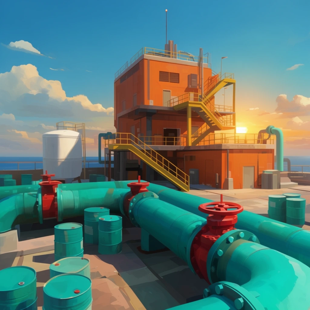multi-level orange industrial building with yellow staircases, massive vibrant teal pipes with red valves in the foreground, scattered teal barrels, white storage tank, distant ocean horizon, golden hour sunset glowing behind the structure, clear blue sky with fluffy clouds, stylized digital painting, high contrast teal and orange color palette, clean geometric rendering