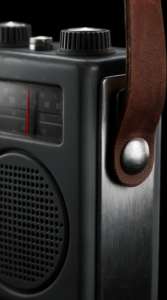 Macro shot of a vintage portable radio with a dark gray matte, subtly scratched casing. It features a circular speaker hole grid, a recessed tuning window with a red needle, and ridged top dials. A brushed steel side panel secures a thick brown leather strap with a prominent silver rivet. Low-key directional lighting highlights the tactile contrasts of worn plastic, gleaming metal, and grained leather against a pure black background.