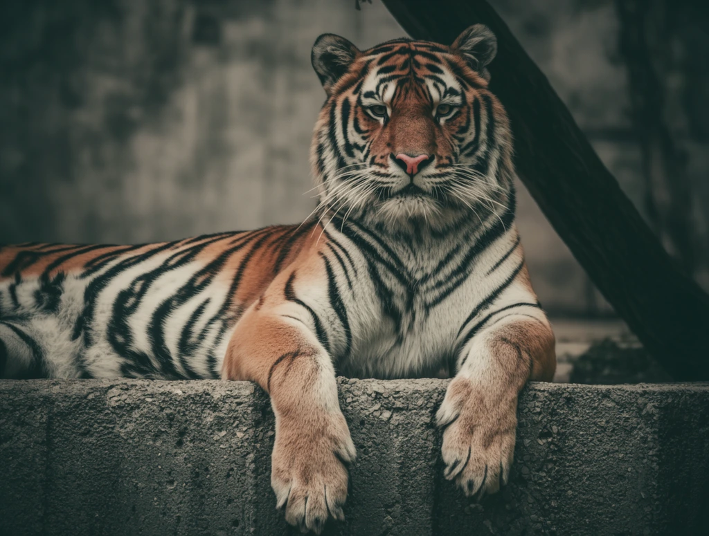 An adult tiger rests on a rough, textured grey stone ledge, gazing directly forward with an intense, calm expression. The tiger's body extends horizontally toward the left, while its large front paws dangle casually over the front edge. The coat features rich orange and stark white fur heavily patterned with thick black stripes, detailed with a pink nose and long white whiskers. The background is softly out of focus, featuring a dark diagonal tree trunk on the right against a mottled, muted grey wall. The photograph employs a slightly desaturated, cinematic color palette with soft, diffused lighting, emphasizing the deep shadows and the coarse texture of the concrete beneath the relaxed feline.