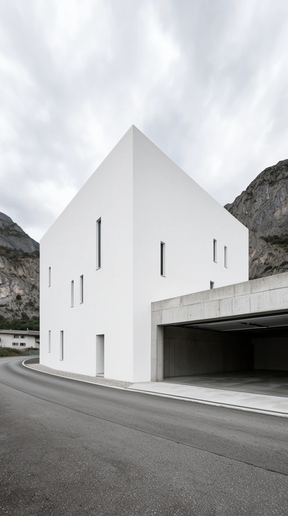 minimalist white cubic building, scattered narrow slit windows, open concrete garage, curved asphalt road, modern architecture, rocky mountains, overcast sky, architectural photography