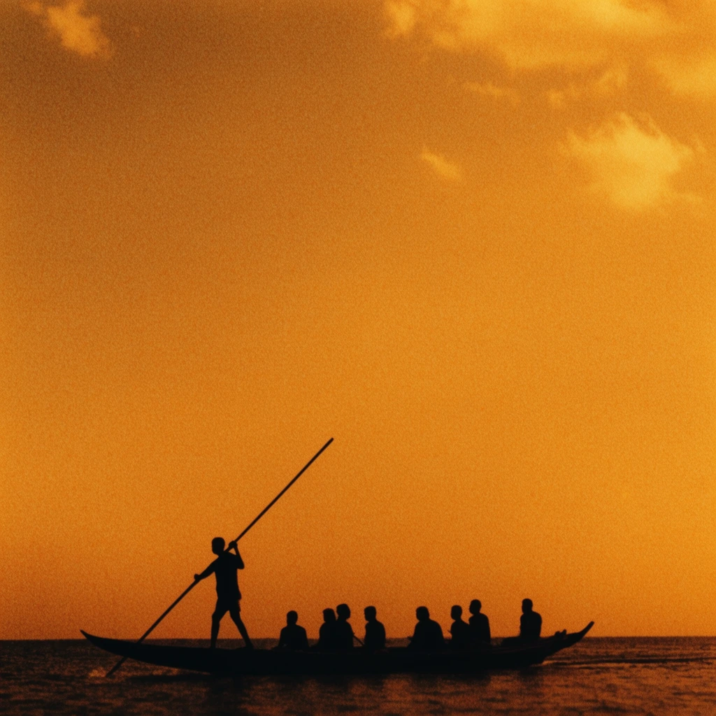 silhouette of a long boat on dark water, standing figure pushing a long pole, multiple seated figures, massive golden orange sky dominating the composition, extreme negative space, faint cloud wisps, warm monochromatic amber palette, high contrast photography, heavy vintage film grain, minimalist scale