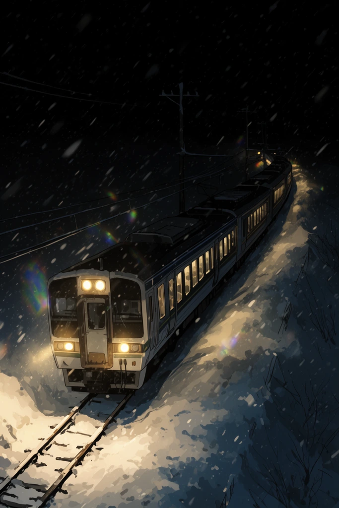 A multi-car passenger train curves along a track in a pitch-black snowy night. Warm yellow headlights pierce the darkness, illuminating the snowdrifts. Heavy snowflakes streak diagonally across this cinematic, high-angle 2D animated shot, featuring faint utility poles, subtle rainbow lens flares, and high-contrast atmospheric lighting.