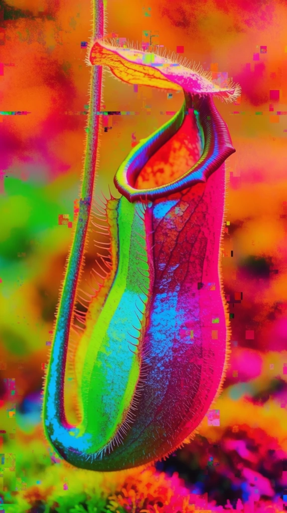 A close-up of a pitcher plant covered in fine tactile hairs, rendered in an intensely saturated, psychedelic digital glitch aesthetic. The curved, tubular body and the open lip of the carnivorous plant are illuminated by stark split-tone color mapping, with electric cyan and toxic lime green dominating the left side, while the right side transitions abruptly into deep, luminous magenta and fuchsia. The intricate surface details, including the dense network of bristly hairs, are hyper-accentuated through a solarized, thermal-imaging color inversion effect characterized by harsh, posterized contrasts. Small, scattered square pixel block artifacts and digital corruption fragments float directly over the plant's contours and bleed into the surrounding space. The background is a chaotic, grainy wash of fiery orange, blinding pink, and bright green patches, emphasizing the corrupted-file, neon-soaked digital manipulation style.