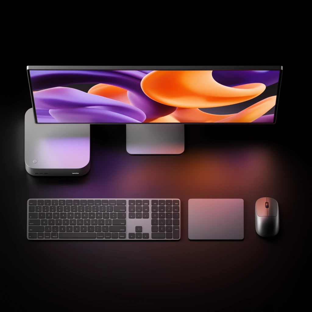 Top-down view of a minimalist workstation on a pure black surface, thin monitor displaying vibrant 3D orange and purple fluid shapes, compact square silver desktop computer, dark grey wireless keyboard, matching trackpad and mouse, soft colorful ambient light reflecting on the dark desk, sleek modern flat lay composition, high contrast studio lighting