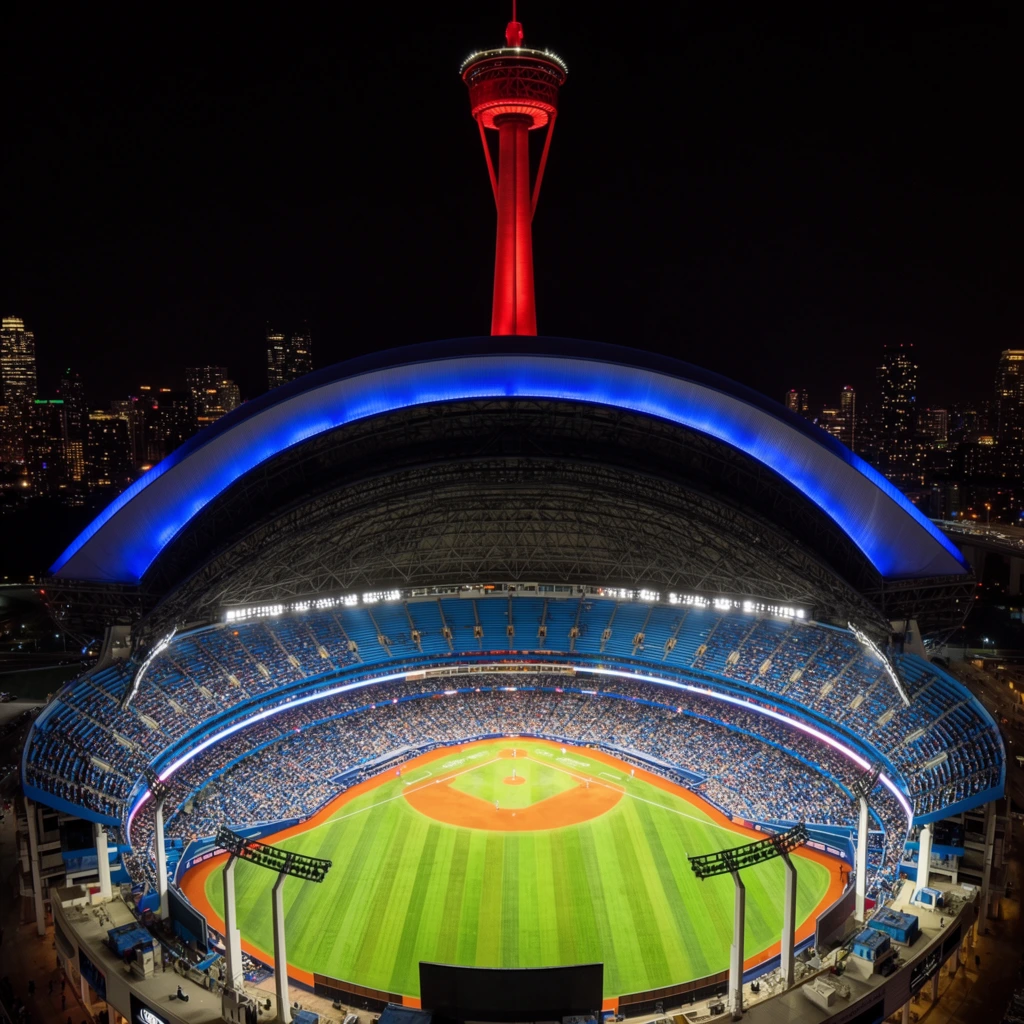 massive domed baseball stadium at night, brightly illuminated green grass and dirt infield, thousands of spectators in tiered blue seating, partially open roof with glowing blue edge lighting, colossal red-lit observation tower piercing the dark sky, distant glowing city skyline, wide-angle high vantage point, vibrant high-contrast stadium floodlights