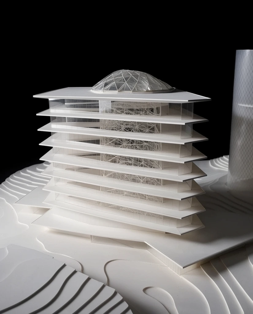 A pristine white architectural scale model of a multi-tiered building rests on undulating topographic contours against a stark black void. Staggered, angular horizontal terraces are separated by continuous bands of transparent glass, revealing a complex web-like structural lattice inside a central atrium. A faceted glass dome crowns the roof. Dramatic directional studio lighting casts sharp shadows across the smooth matte floor slabs, creating a high-contrast monochromatic composition. A faint cylindrical tower with a delicate diamond lattice stands detached on the right. The elevated angled shot highlights the geometric interplay of opaque planes and reflective transparent volumes.
