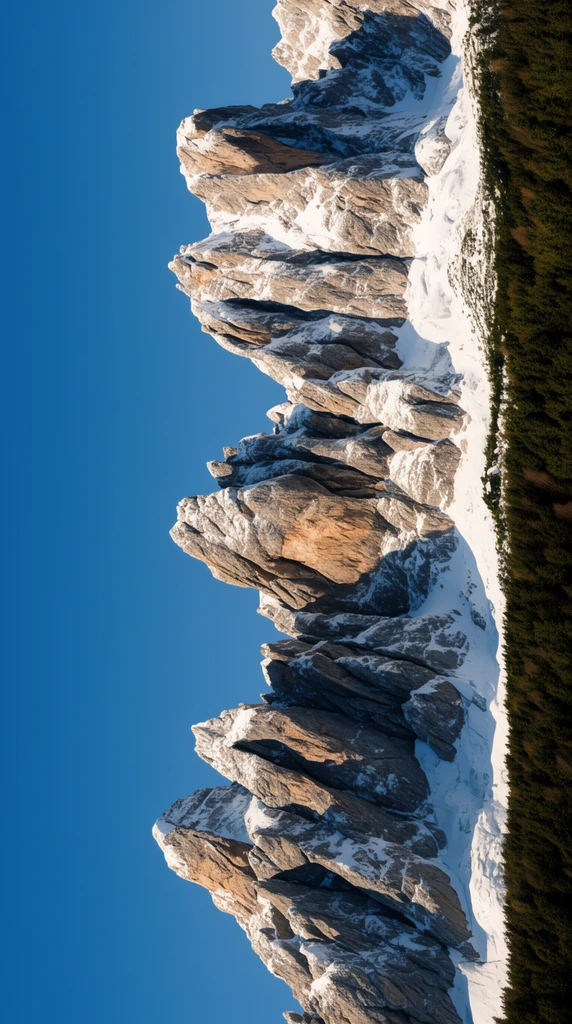 rotated landscape photography, snow-capped mountain peaks pointing horizontally left against a clear blue sky, sunlit craggy rock faces, deep shadows, vertical strip of dark green forest along the right edge