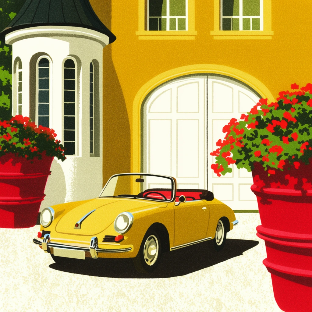 A vintage yellow convertible car sits parked in a sunlit courtyard featuring a mustard-yellow building and large red planters. The classic two-door automobile has its top down, revealing a red interior, round headlights, and chrome bumpers, casting a sharp, dark shadow to the right on the textured off-white ground. The background features a vivid mustard-yellow wall with large white arched double doors and a white cylindrical tower with tall arched windows and a dark conical roof to the left. Flanking the composition are massive, ribbed red urns overflowing with green foliage and bright red flowers. The artwork utilizes a mid-century modern illustration aesthetic with flat color blocks, geometric architectural details, and a distinct stippled, grainy texture throughout the warm, high-contrast palette.