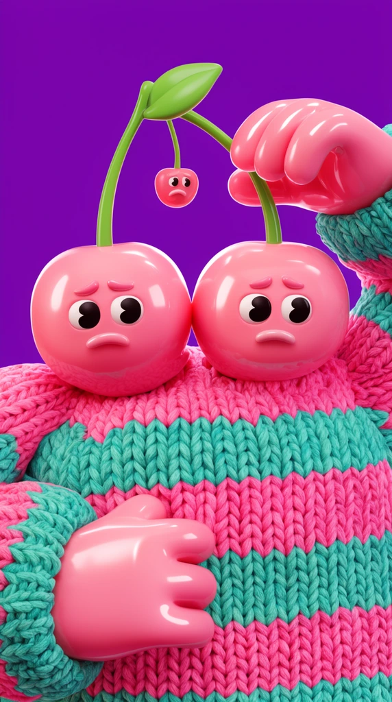 two 3D glossy pink cherry-headed characters, dangling small sad fruit pods, chunky knit pink and teal striped sweaters, shiny hands, vibrant purple background, designer toy style